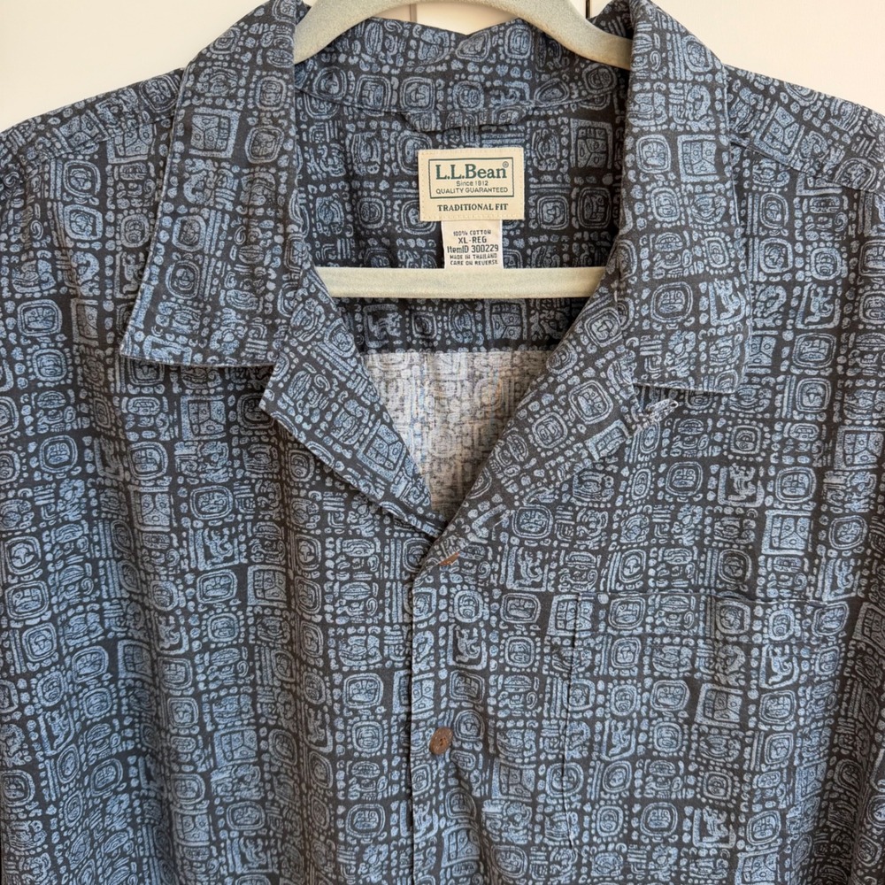 L.L. Bean Camp Shirt Short Sleeve Mens‎ XL Blue Hawaiian Tropics Tiki Vintage